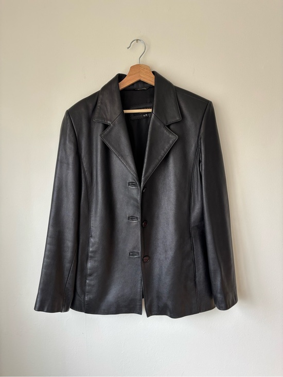 acton leather Jackets & Blazers - MINT - vintage y2k classic Women's Black Leather Button-Front Blazer Jacket